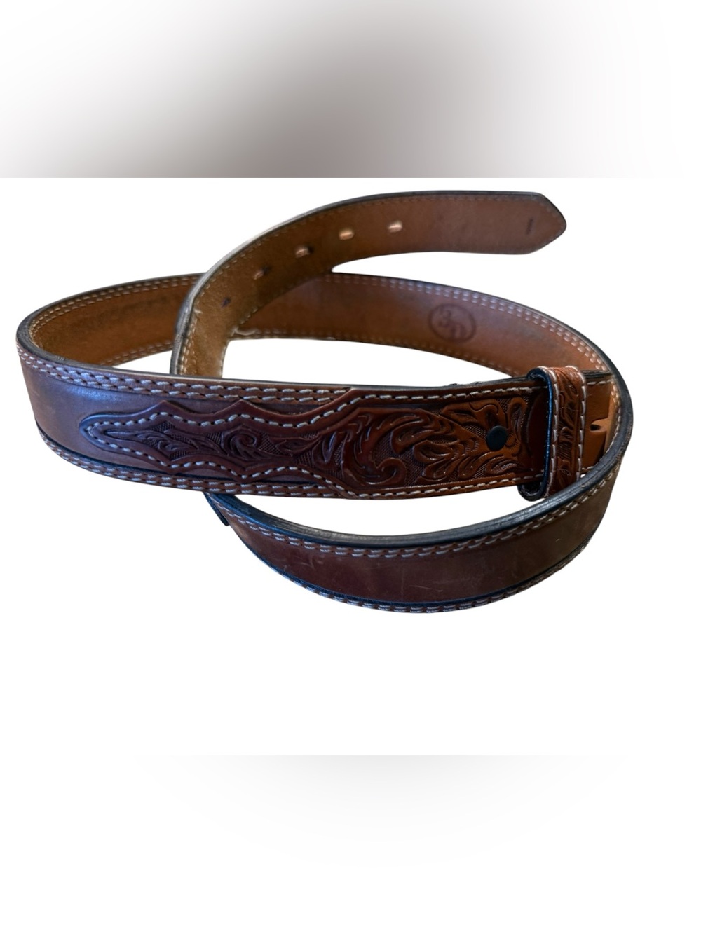 3D Men’s 38 Tooled Brown Leather Belt Only Hand Tooled Ends
